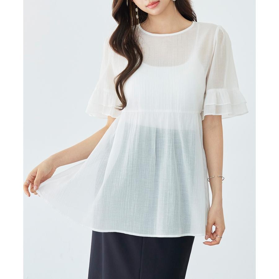 ブラウス レディース トップス フリル ペプラムデザイン シアー素材 二段フリル ふんわり ボリューム 半袖 透け感 Uネック インナー付き 2点セッ |  | 04