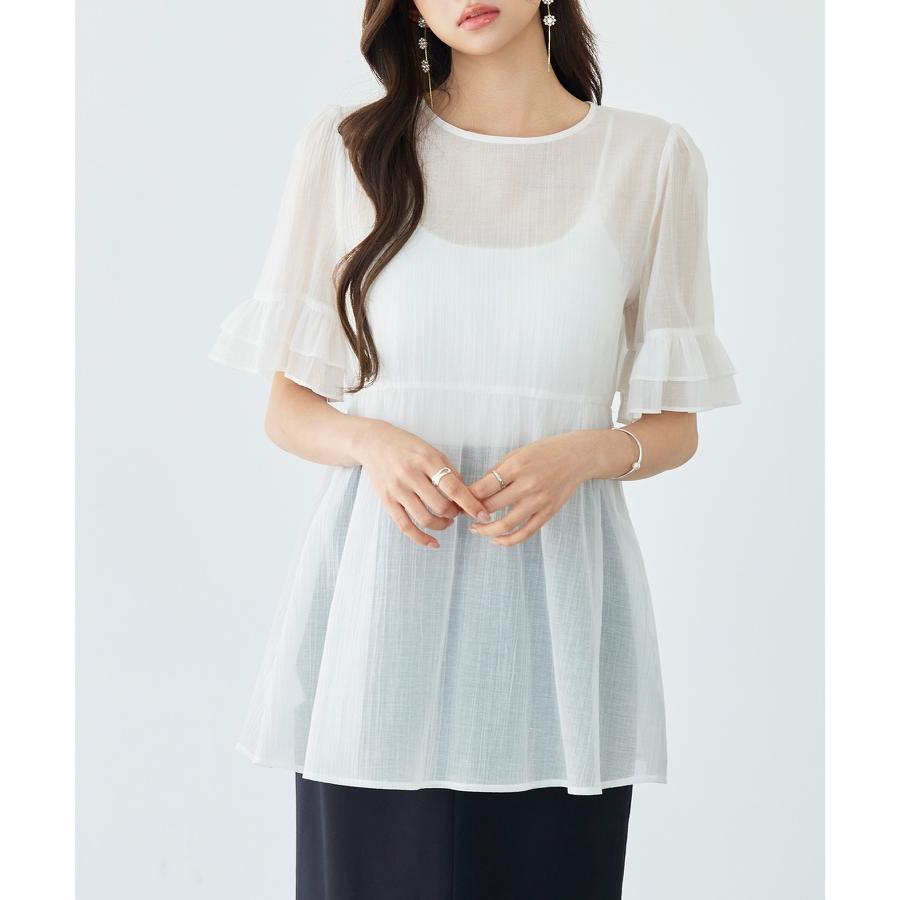 ブラウス レディース トップス フリル ペプラムデザイン シアー素材 二段フリル ふんわり ボリューム 半袖 透け感 Uネック インナー付き 2点セッ |  | 05