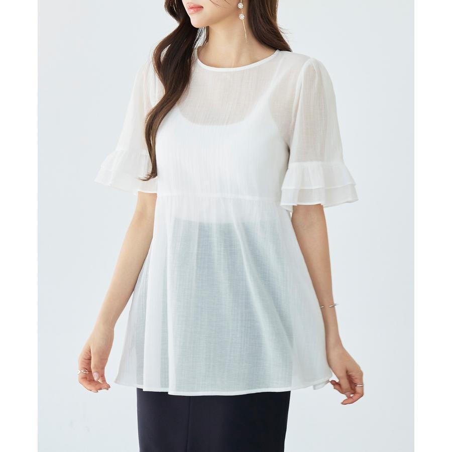 ブラウス レディース トップス フリル ペプラムデザイン シアー素材 二段フリル ふんわり ボリューム 半袖 透け感 Uネック インナー付き 2点セッ |  | 06