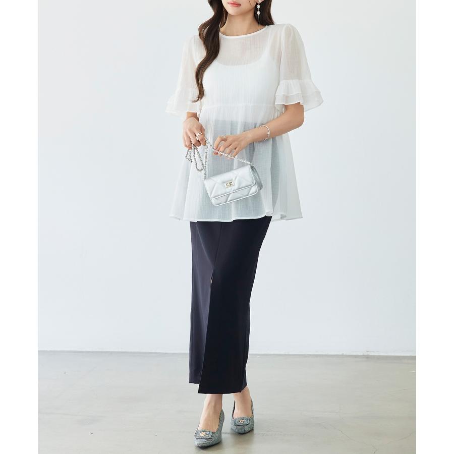 ブラウス レディース トップス フリル ペプラムデザイン シアー素材 二段フリル ふんわり ボリューム 半袖 透け感 Uネック インナー付き 2点セッ |  | 08