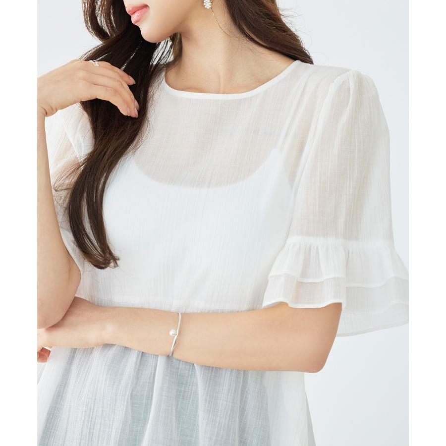 ブラウス レディース トップス フリル ペプラムデザイン シアー素材 二段フリル ふんわり ボリューム 半袖 透け感 Uネック インナー付き 2点セッ |  | 09