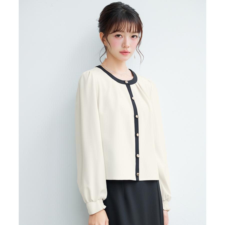 ブラウス レディース トップス ノーカラー ラウンドネック クルーネック バイカラー 長袖 ギャザースリーブ フロントタック オフィスカジュアル きれ |  | 10