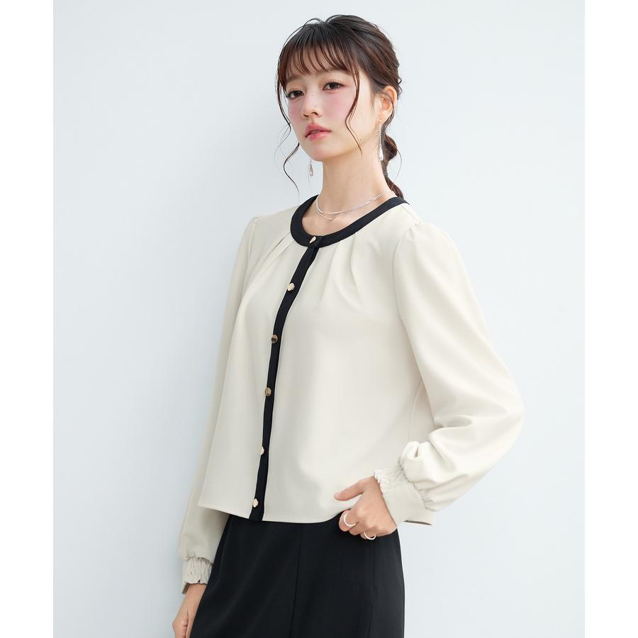ブラウス レディース トップス ノーカラー ラウンドネック クルーネック バイカラー 長袖 ギャザースリーブ フロントタック オフィスカジュアル きれ |  | 11