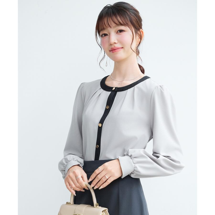 ブラウス レディース トップス ノーカラー ラウンドネック クルーネック バイカラー 長袖 ギャザースリーブ フロントタック オフィスカジュアル きれ |  | 14