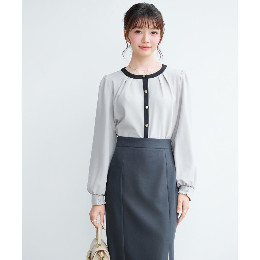 ブラウス レディース トップス ノーカラー ラウンドネック クルーネック バイカラー 長袖 ギャザースリーブ フロントタック オフィスカジュアル きれ |  | 16