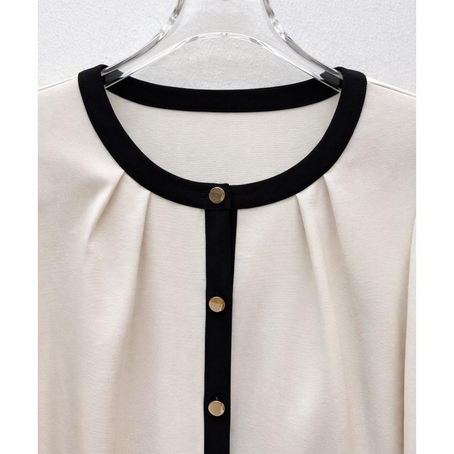 ブラウス レディース トップス ノーカラー ラウンドネック クルーネック バイカラー 長袖 ギャザースリーブ フロントタック オフィスカジュアル きれ |  | 18