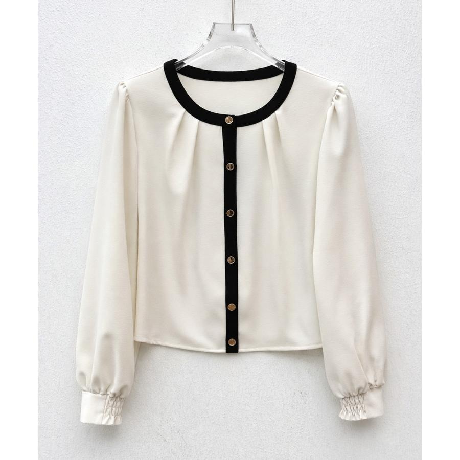 ブラウス レディース トップス ノーカラー ラウンドネック クルーネック バイカラー 長袖 ギャザースリーブ フロントタック オフィスカジュアル きれ |  | 02