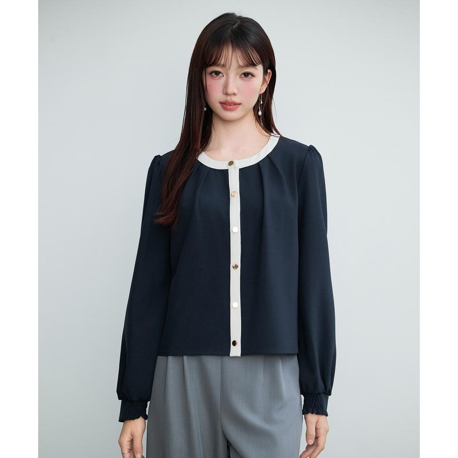 ブラウス レディース トップス ノーカラー ラウンドネック クルーネック バイカラー 長袖 ギャザースリーブ フロントタック オフィスカジュアル きれ |  | 04