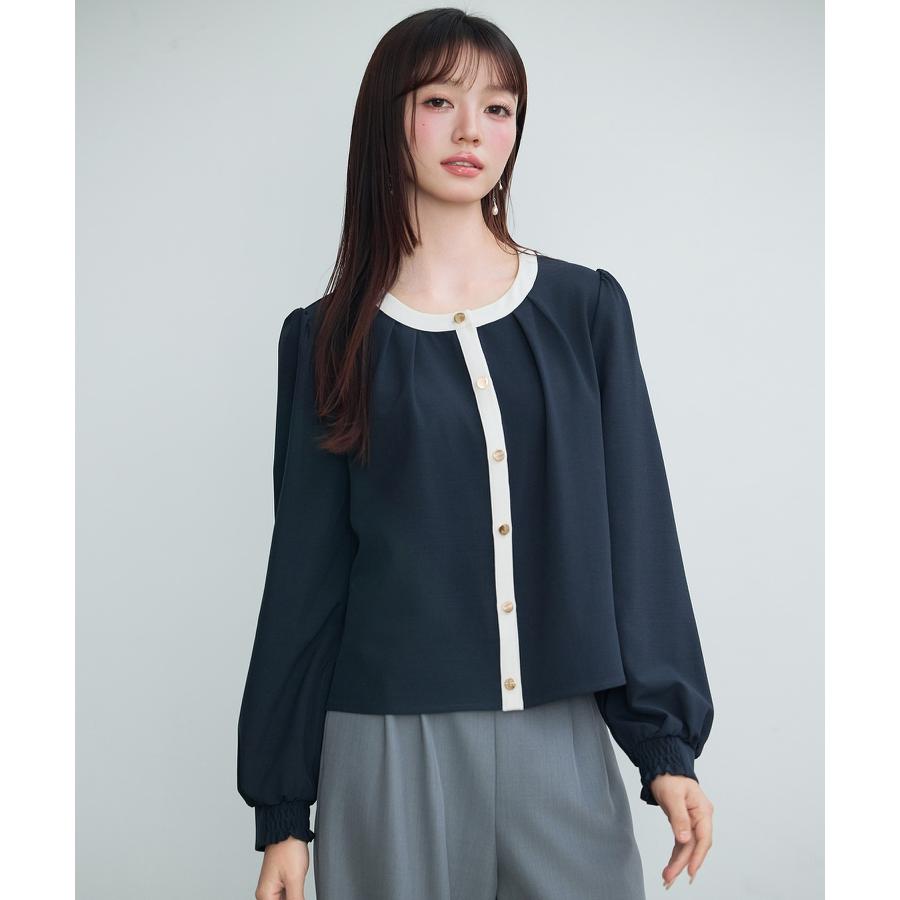 ブラウス レディース トップス ノーカラー ラウンドネック クルーネック バイカラー 長袖 ギャザースリーブ フロントタック オフィスカジュアル きれ |  | 05