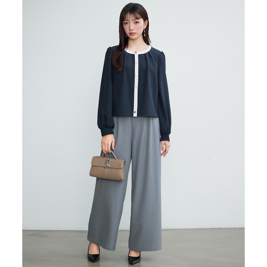 ブラウス レディース トップス ノーカラー ラウンドネック クルーネック バイカラー 長袖 ギャザースリーブ フロントタック オフィスカジュアル きれ |  | 08