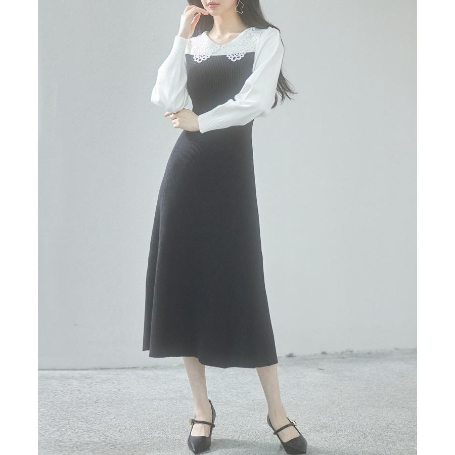 ワンピース レディース ニットワンピース レース襟付き 長袖 タック編みスリーブ編み バイカラー 切り替えデザイン ミモレ丈 フィット感 ぴったり フ |  | 11