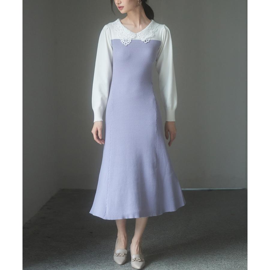 ワンピース レディース ニットワンピース レース襟付き 長袖 タック編みスリーブ編み バイカラー 切り替えデザイン ミモレ丈 フィット感 ぴったり フ |  | 13