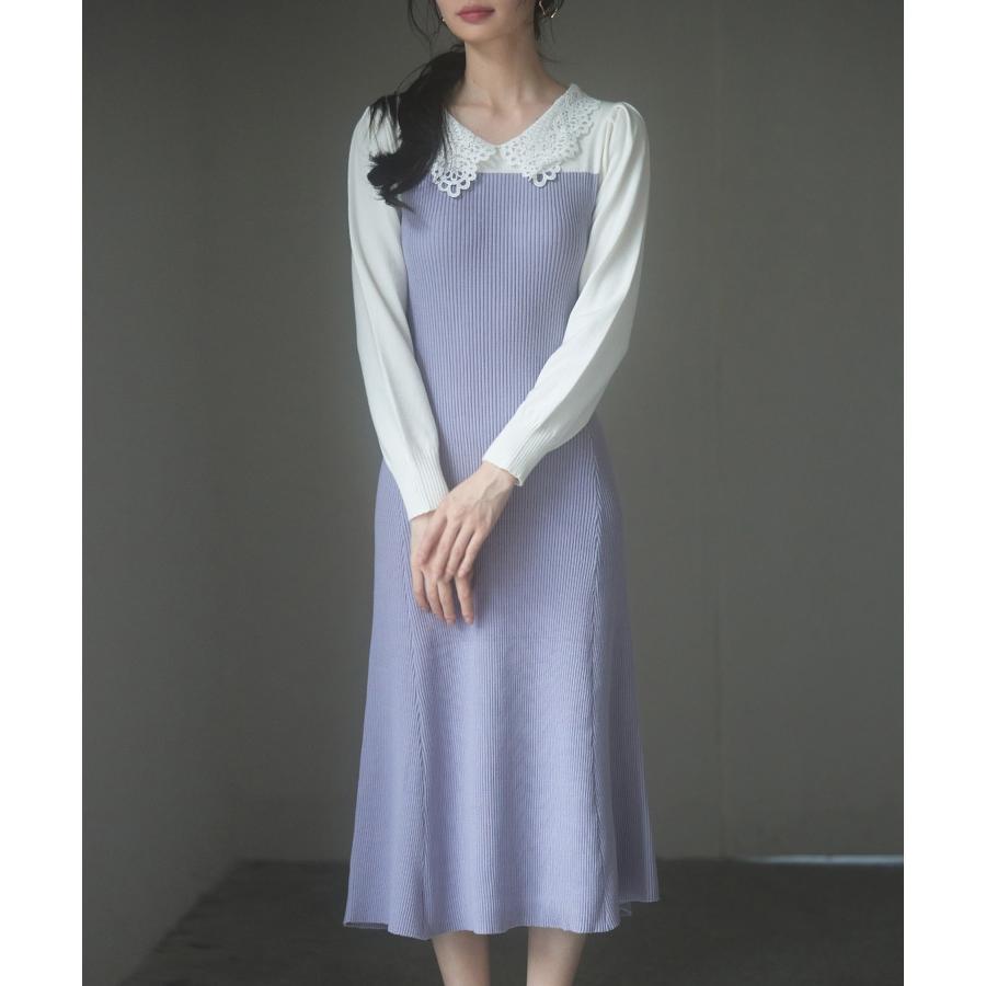 ワンピース レディース ニットワンピース レース襟付き 長袖 タック編みスリーブ編み バイカラー 切り替えデザイン ミモレ丈 フィット感 ぴったり フ |  | 14