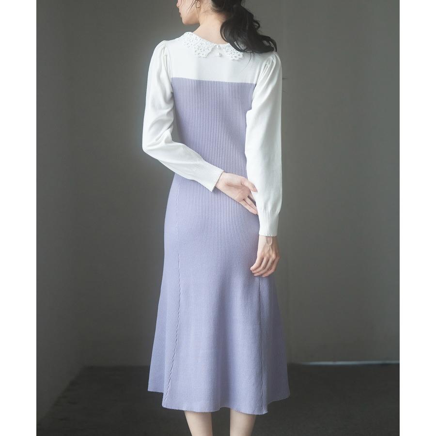 ワンピース レディース ニットワンピース レース襟付き 長袖 タック編みスリーブ編み バイカラー 切り替えデザイン ミモレ丈 フィット感 ぴったり フ |  | 15