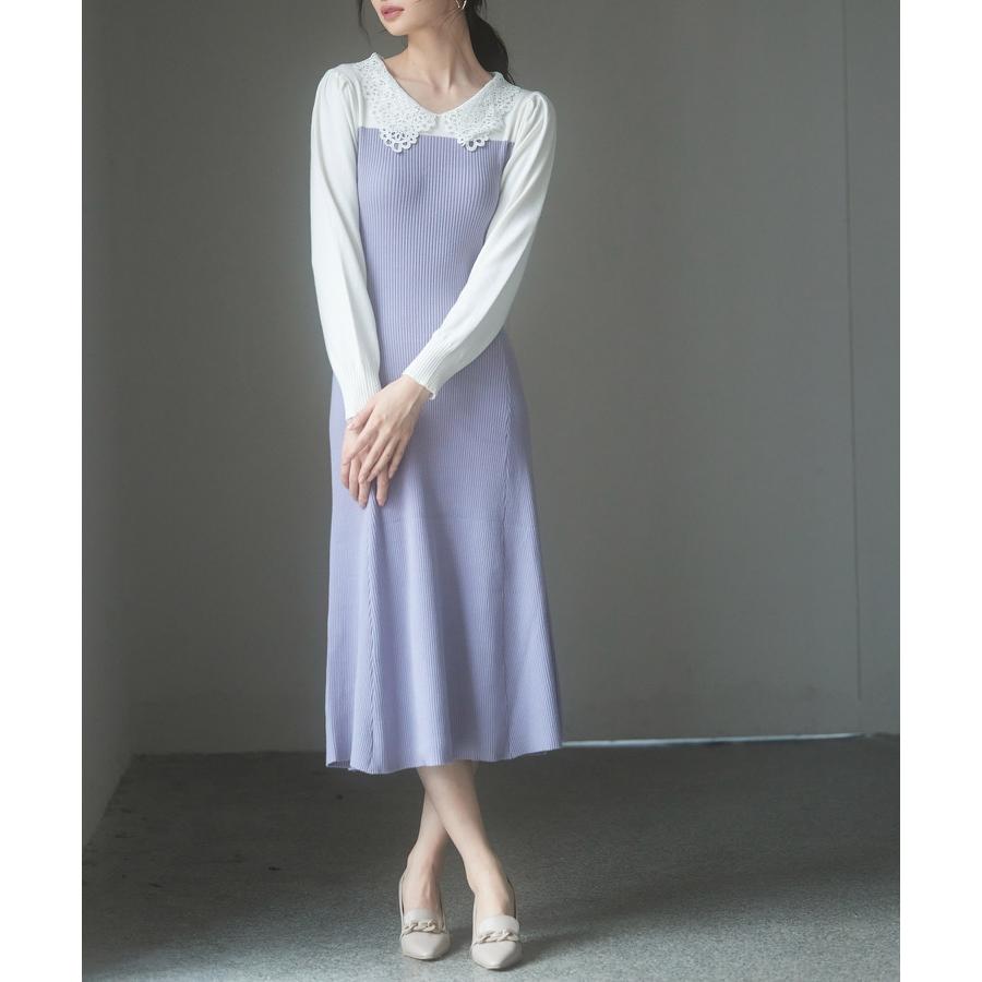 ワンピース レディース ニットワンピース レース襟付き 長袖 タック編みスリーブ編み バイカラー 切り替えデザイン ミモレ丈 フィット感 ぴったり フ |  | 16