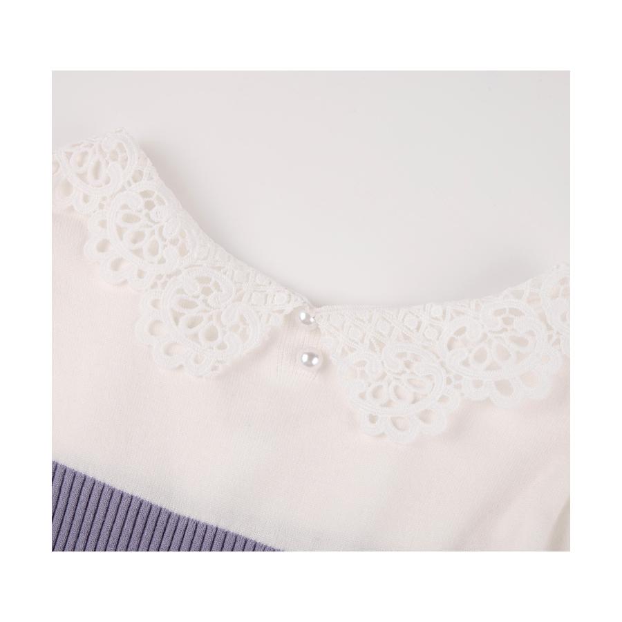 ワンピース レディース ニットワンピース レース襟付き 長袖 タック編みスリーブ編み バイカラー 切り替えデザイン ミモレ丈 フィット感 ぴったり フ |  | 18