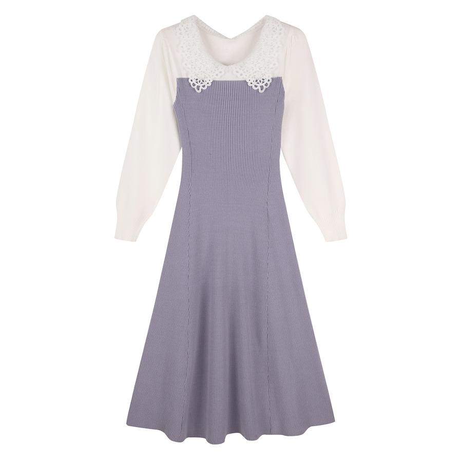 ワンピース レディース ニットワンピース レース襟付き 長袖 タック編みスリーブ編み バイカラー 切り替えデザイン ミモレ丈 フィット感 ぴったり フ |  | 02