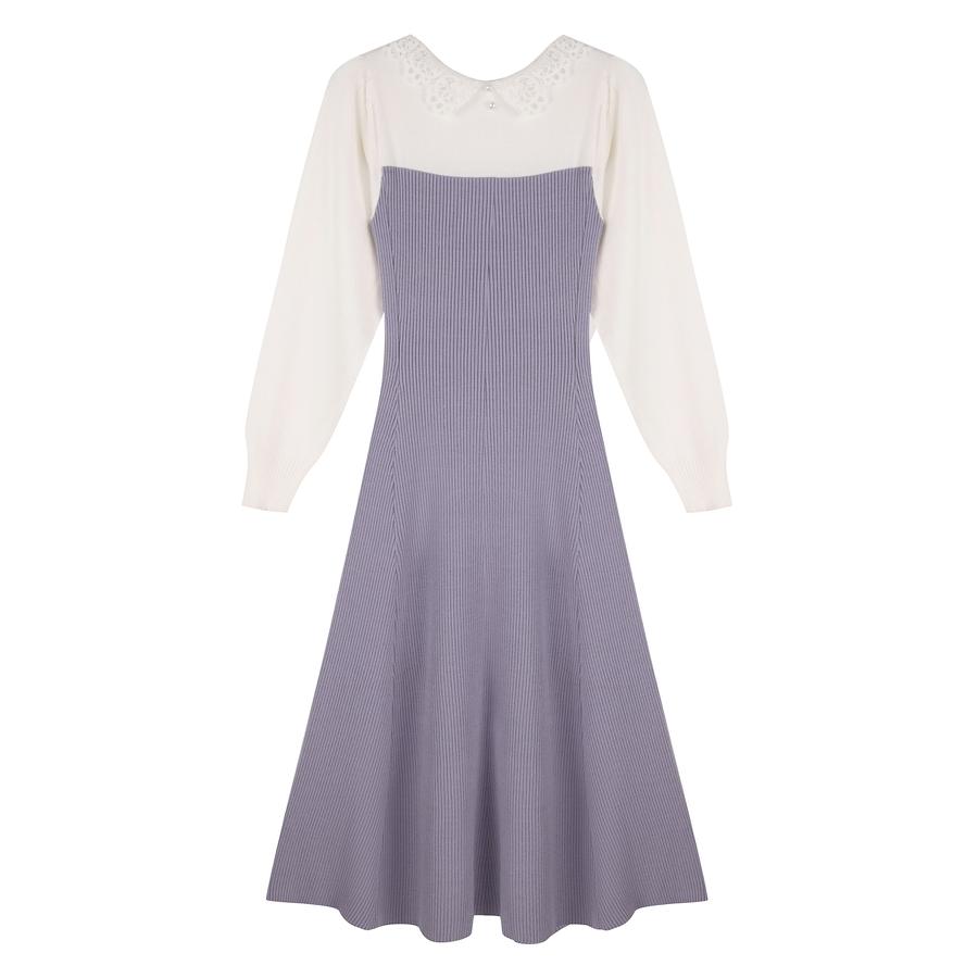 ワンピース レディース ニットワンピース レース襟付き 長袖 タック編みスリーブ編み バイカラー 切り替えデザイン ミモレ丈 フィット感 ぴったり フ |  | 03