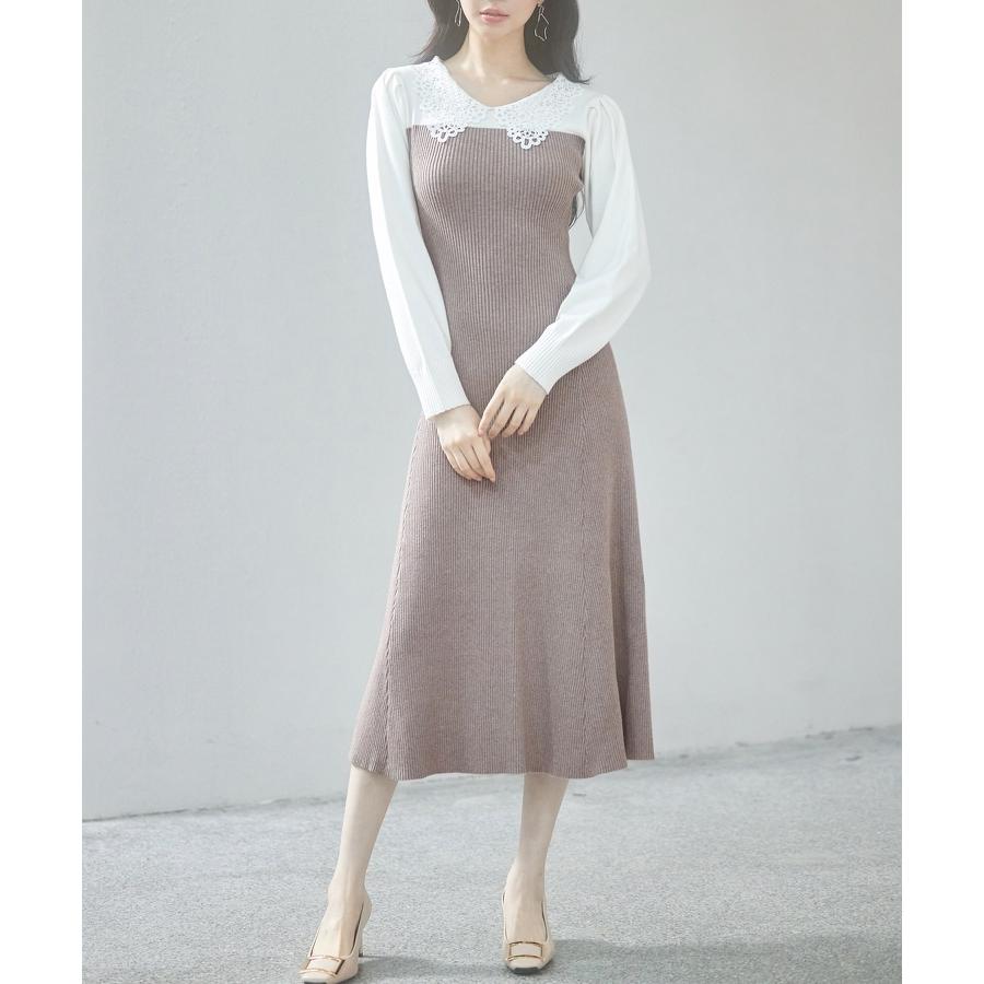ワンピース レディース ニットワンピース レース襟付き 長袖 タック編みスリーブ編み バイカラー 切り替えデザイン ミモレ丈 フィット感 ぴったり フ |  | 04