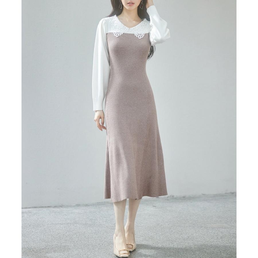 ワンピース レディース ニットワンピース レース襟付き 長袖 タック編みスリーブ編み バイカラー 切り替えデザイン ミモレ丈 フィット感 ぴったり フ |  | 05
