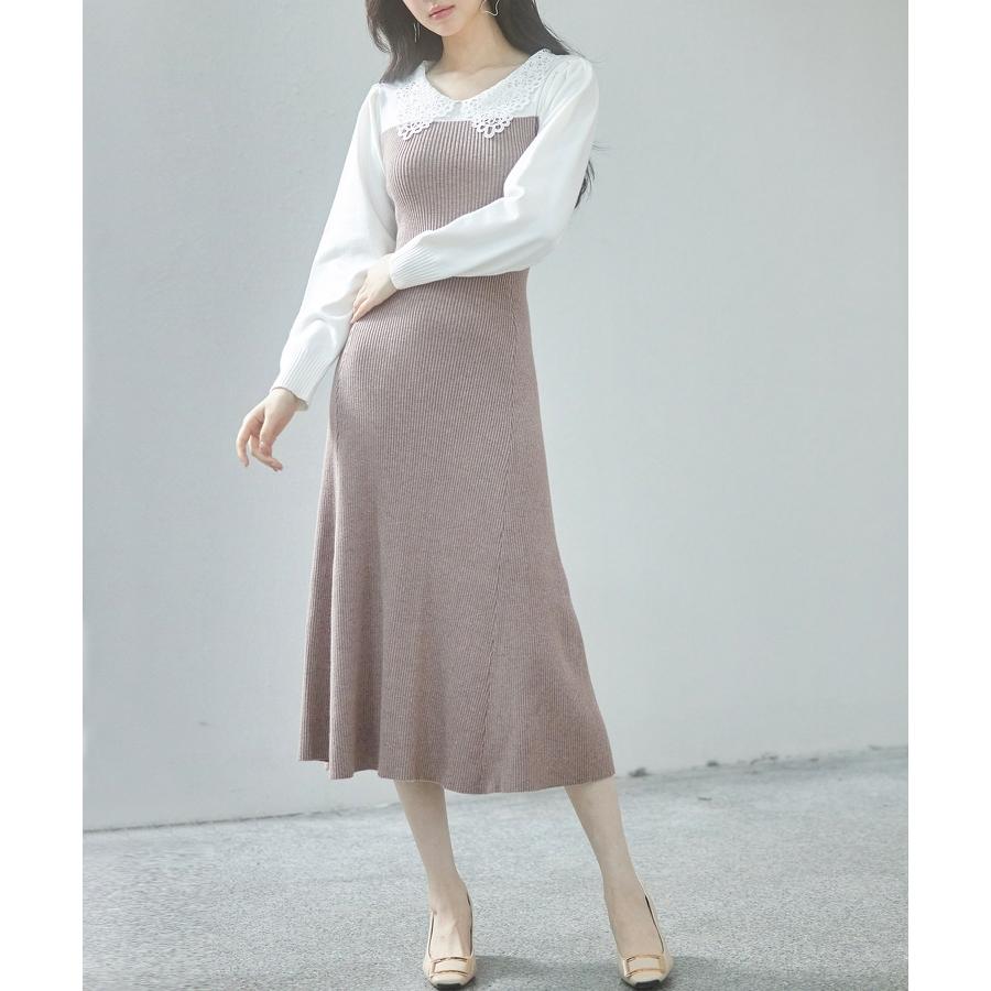 ワンピース レディース ニットワンピース レース襟付き 長袖 タック編みスリーブ編み バイカラー 切り替えデザイン ミモレ丈 フィット感 ぴったり フ |  | 06