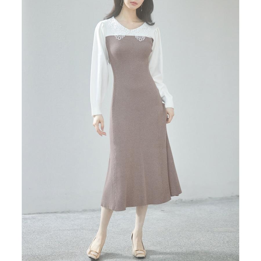 ワンピース レディース ニットワンピース レース襟付き 長袖 タック編みスリーブ編み バイカラー 切り替えデザイン ミモレ丈 フィット感 ぴったり フ |  | 07