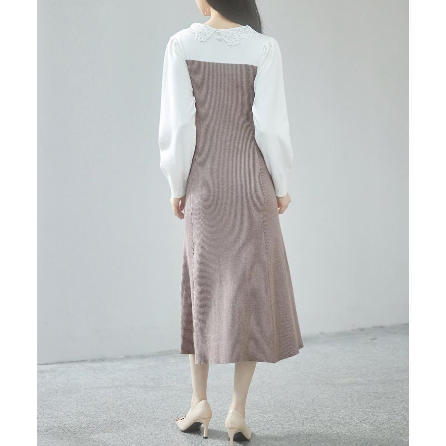 ワンピース レディース ニットワンピース レース襟付き 長袖 タック編みスリーブ編み バイカラー 切り替えデザイン ミモレ丈 フィット感 ぴったり フ |  | 08