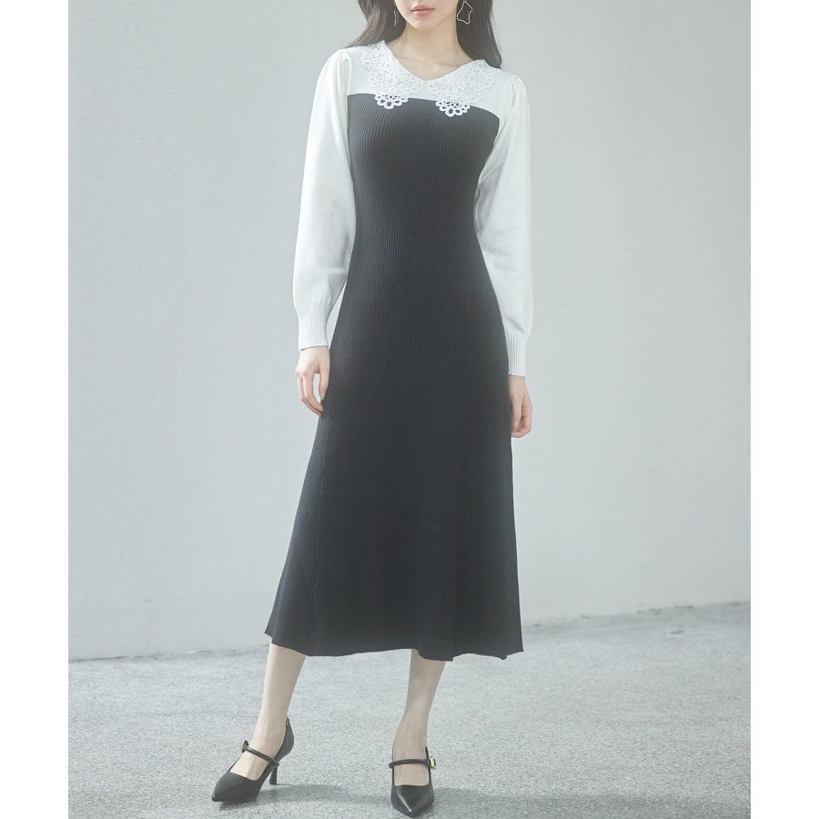 ワンピース レディース ニットワンピース レース襟付き 長袖 タック編みスリーブ編み バイカラー 切り替えデザイン ミモレ丈 フィット感 ぴったり フ |  | 09