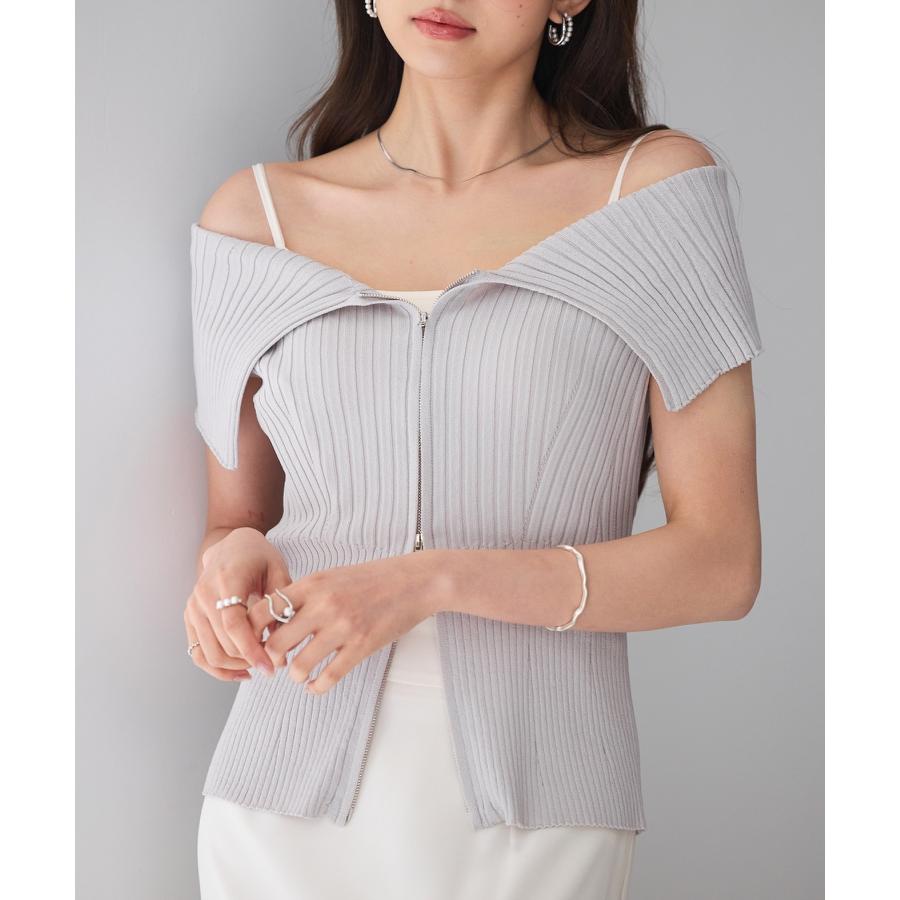 ニット レディーストップス オフショルダー 半袖 2way ダブルジップ