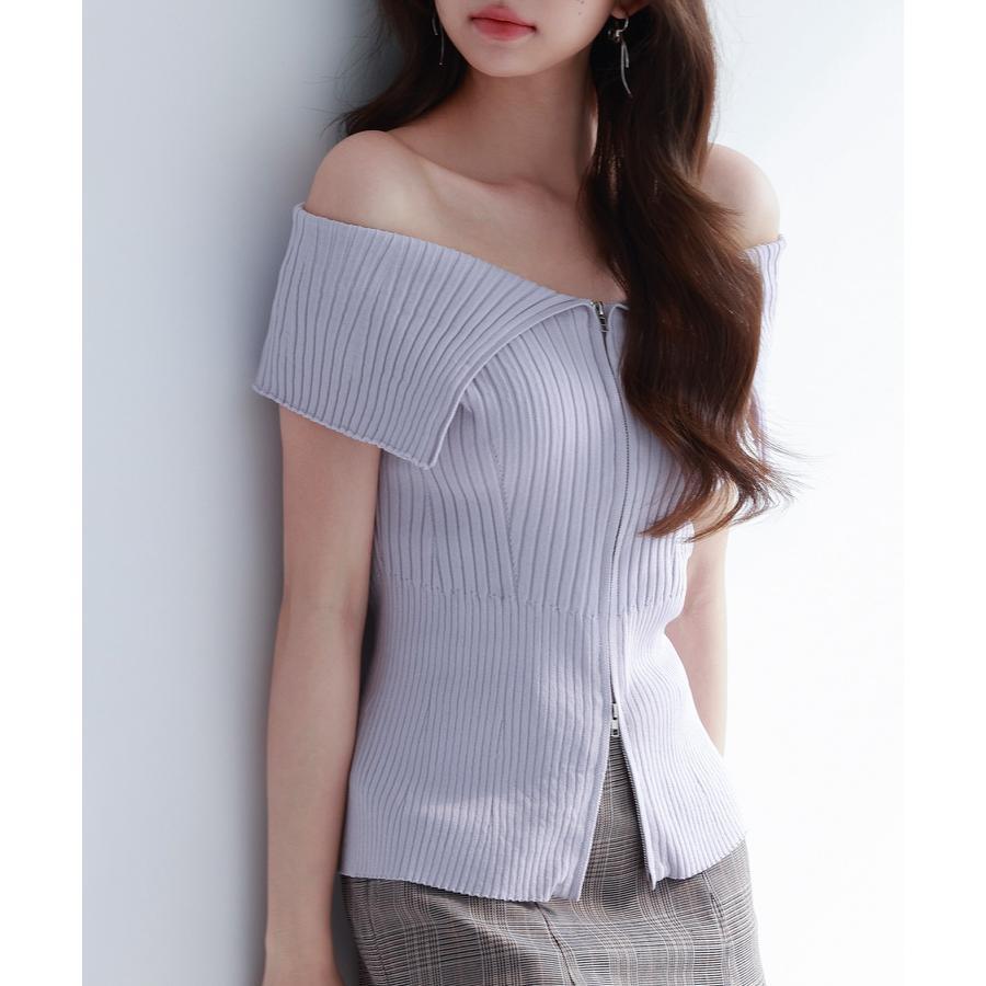 ニット レディーストップス オフショルダー 半袖 2way ダブルジップ