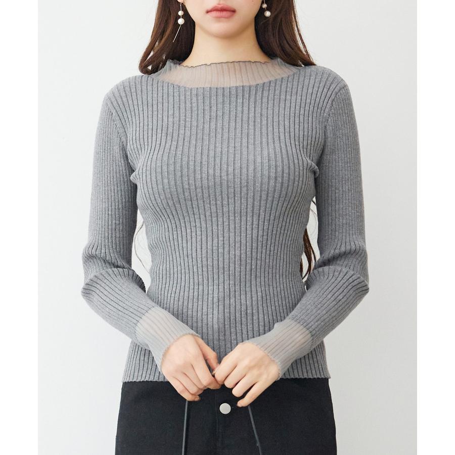 トップス レディース ニット 長袖 リブニット 異素材 シアードッキング オフネック プチハイネック フィット感 ストレッチ やや厚手 シアー 透け感 |  | 11