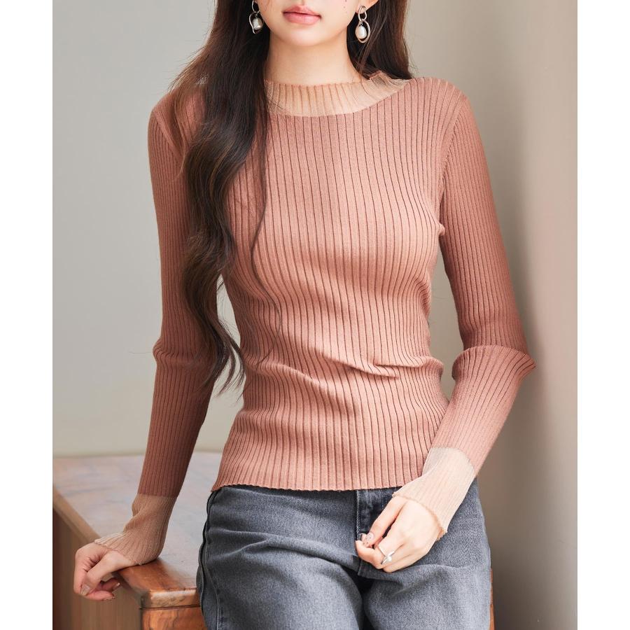 トップス レディース ニット 長袖 リブニット 異素材 シアードッキング オフネック プチハイネック フィット感 ストレッチ やや厚手 シアー 透け感 |  | 13