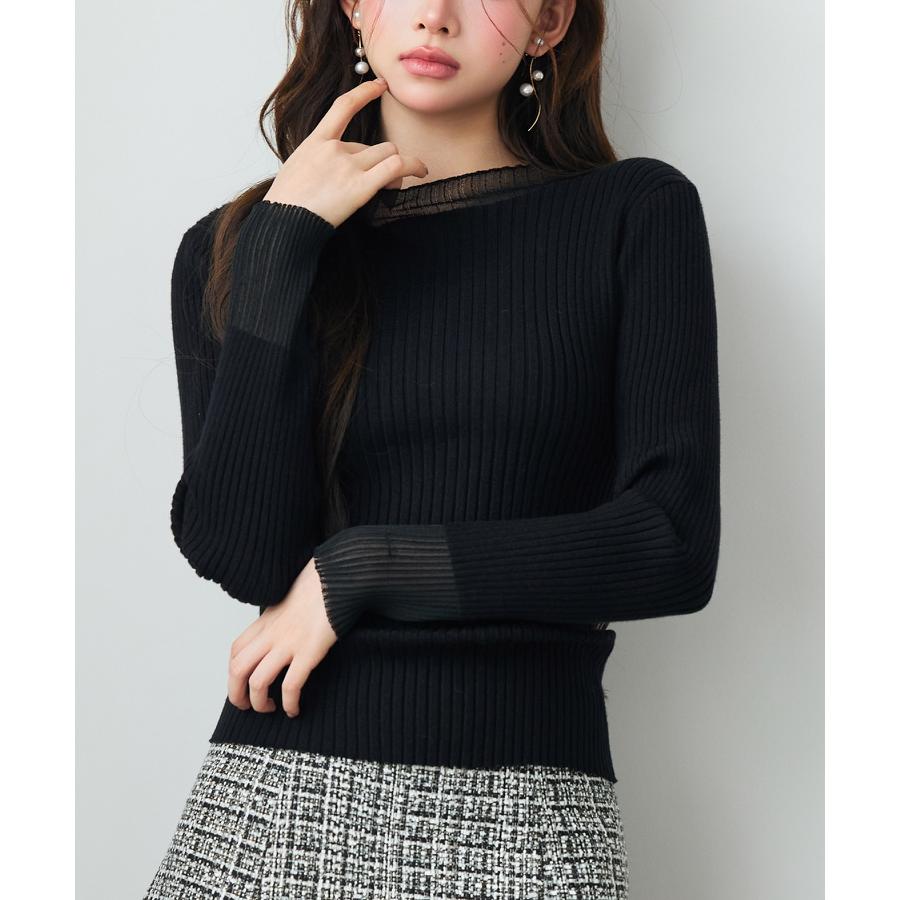 トップス レディース ニット 長袖 リブニット 異素材 シアードッキング オフネック プチハイネック フィット感 ストレッチ やや厚手 シアー 透け感 |  | 15