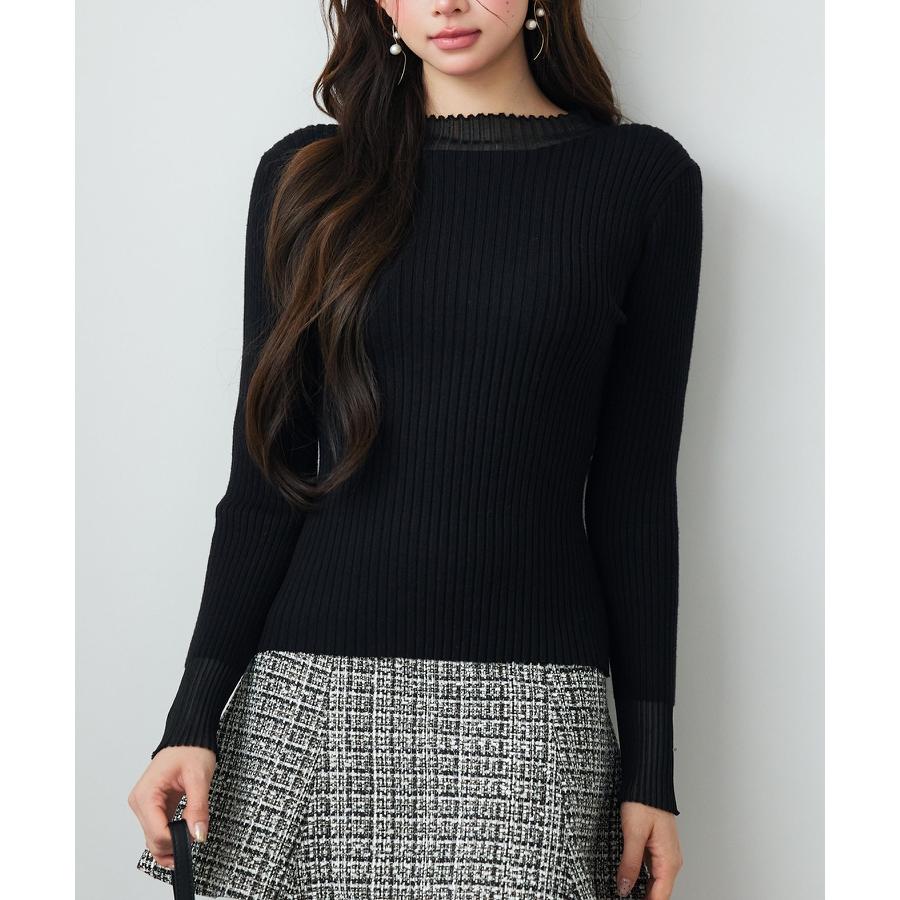 トップス レディース ニット 長袖 リブニット 異素材 シアードッキング オフネック プチハイネック フィット感 ストレッチ やや厚手 シアー 透け感 |  | 16