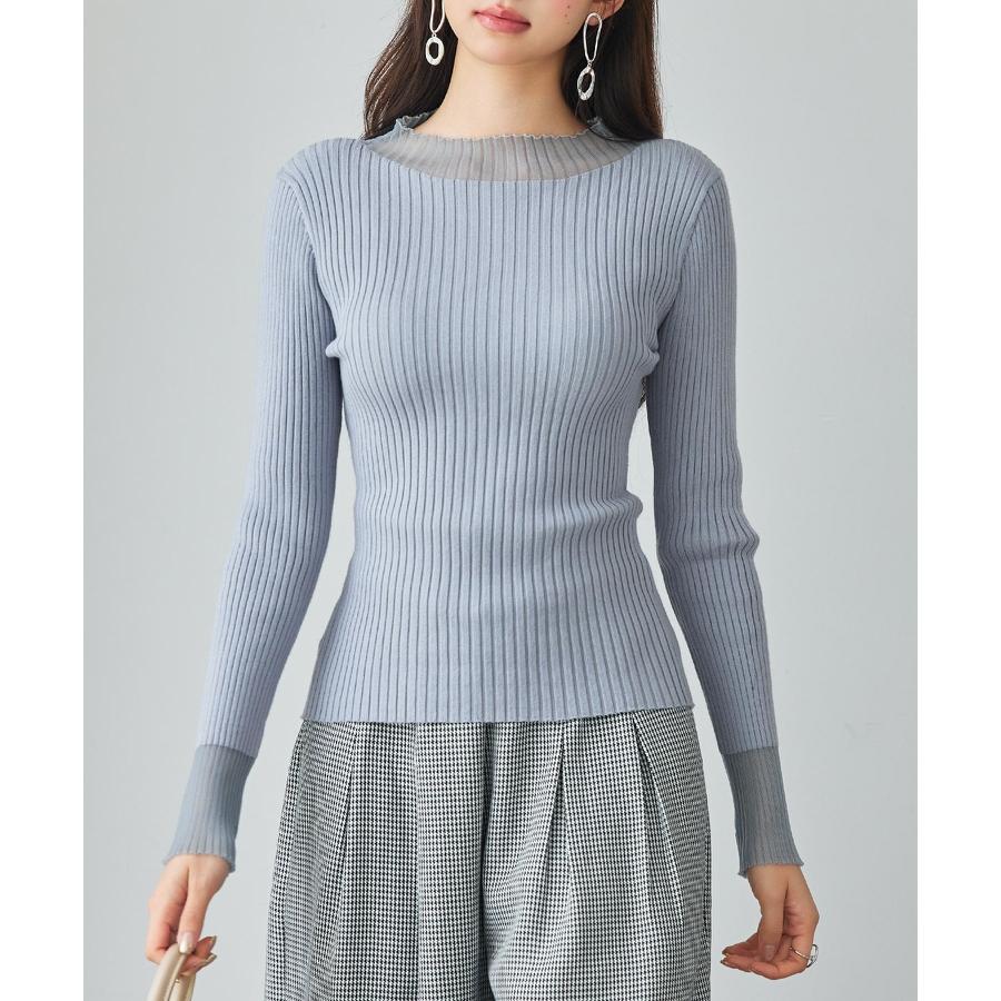 トップス レディース ニット 長袖 リブニット 異素材 シアードッキング オフネック プチハイネック フィット感 ストレッチ やや厚手 シアー 透け感 |  | 05