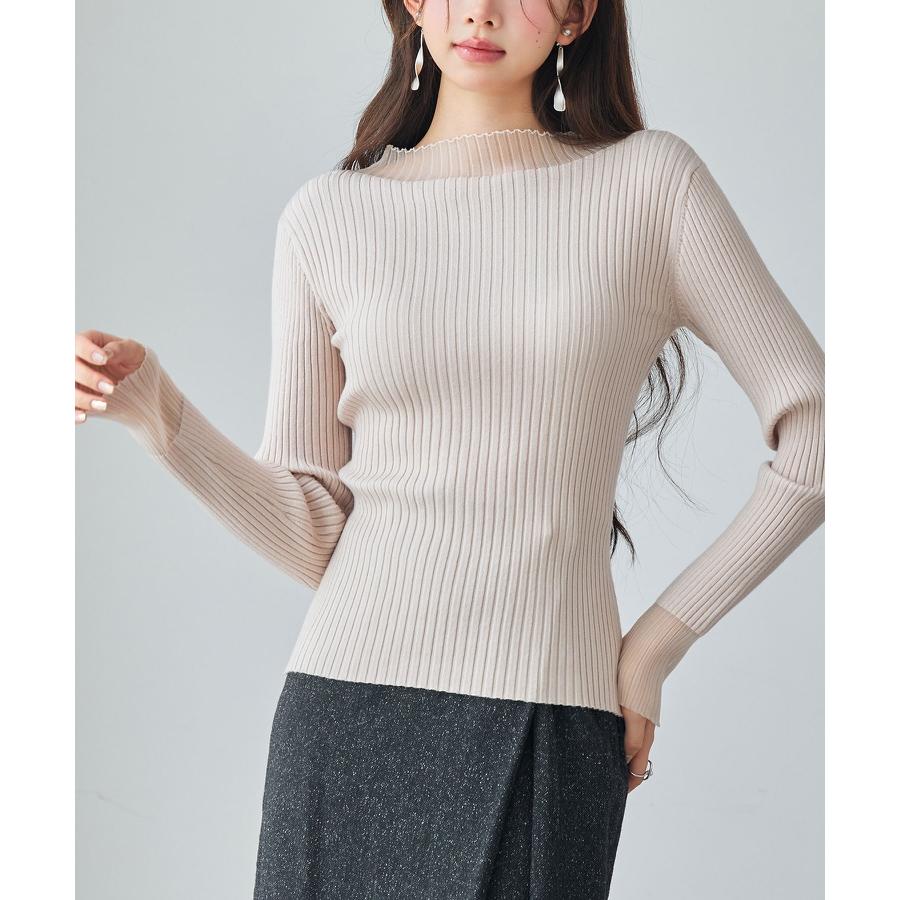 トップス レディース ニット 長袖 リブニット 異素材 シアードッキング オフネック プチハイネック フィット感 ストレッチ やや厚手 シアー 透け感 |  | 09