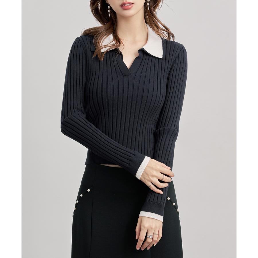 ニット トップス レディース プルオーバー ショート丈トップス ショート丈 リブニット 長袖 ハイゲージニット ニットシャツ 襟付きニット バイカラー |  | 14