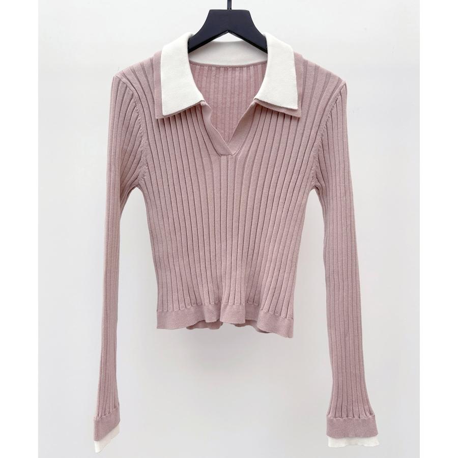 ニット トップス レディース プルオーバー ショート丈トップス ショート丈 リブニット 長袖 ハイゲージニット ニットシャツ 襟付きニット バイカラー |  | 02