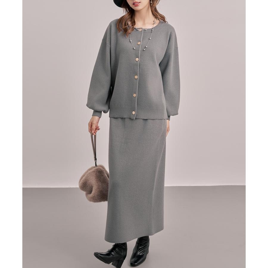 セットアップ レディース カーディガン タイトスカート 長袖 ニットセットアップ 金ボタン ハイウエスト ドロップショルダー スリット入りウエストゴム |  | 02