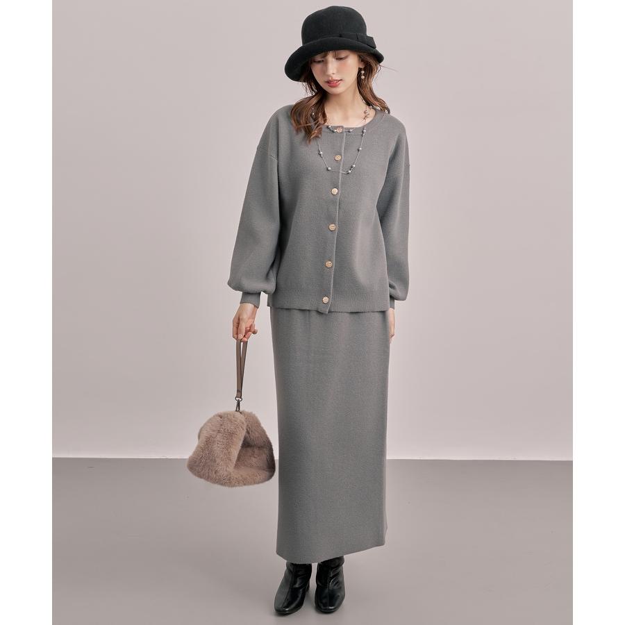 セットアップ レディース カーディガン タイトスカート 長袖 ニットセットアップ 金ボタン ハイウエスト ドロップショルダー スリット入りウエストゴム |  | 04