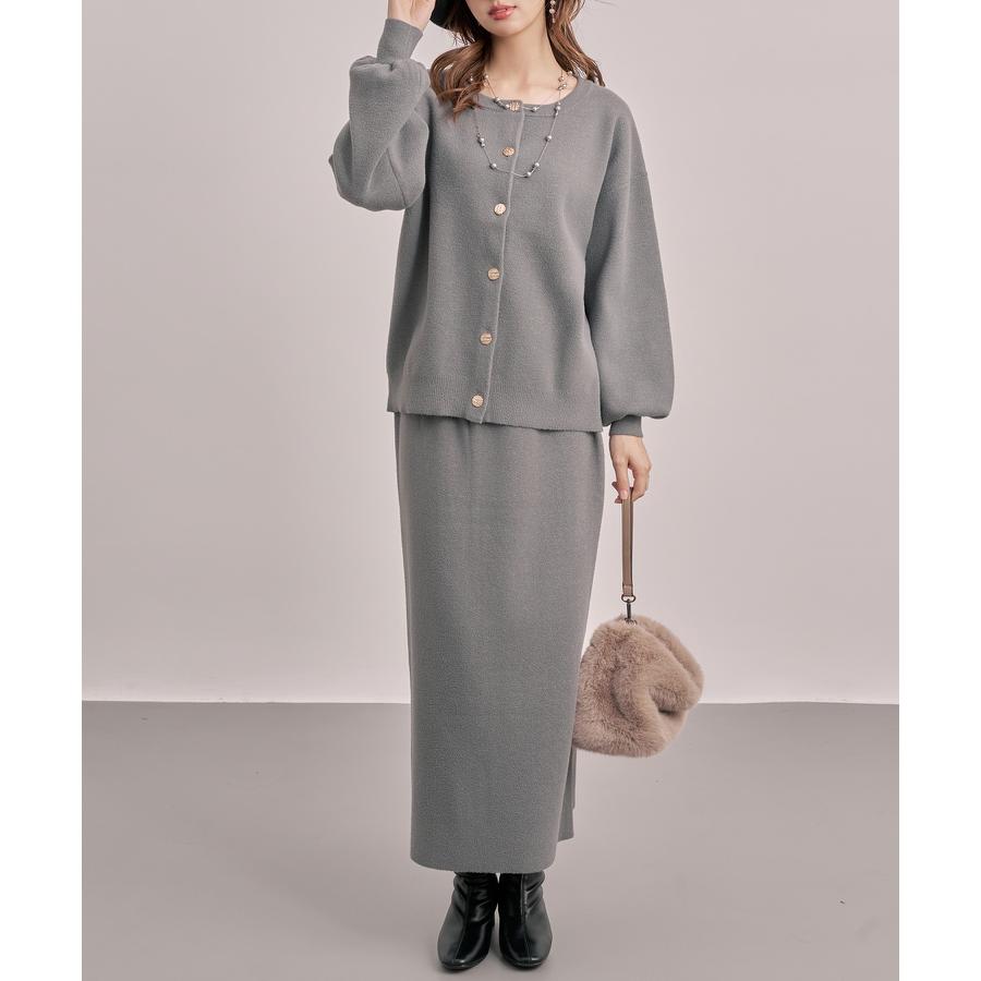 セットアップ レディース カーディガン タイトスカート 長袖 ニットセットアップ 金ボタン ハイウエスト ドロップショルダー スリット入りウエストゴム |  | 05