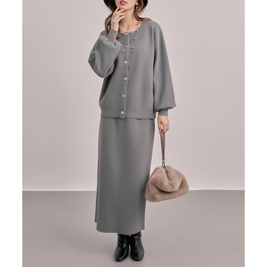 セットアップ レディース カーディガン タイトスカート 長袖 ニットセットアップ 金ボタン ハイウエスト ドロップショルダー スリット入りウエストゴム |  | 06