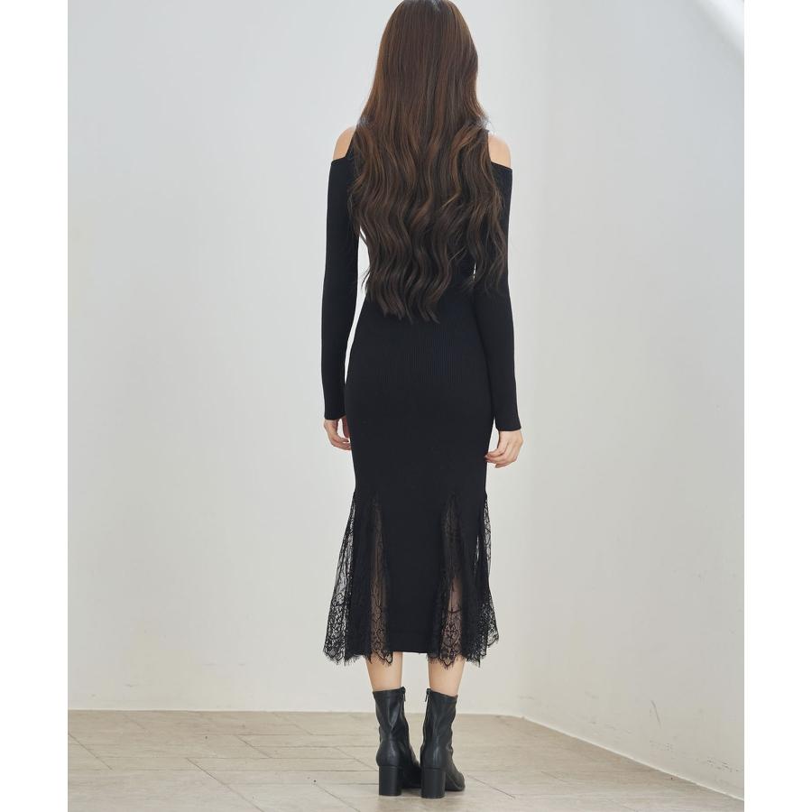 ワンピース レディース ニットワンピース 長袖 ミディ丈 マーメイドシルエット レースドッキング オープンショルダー 肩見せ ハイウエスト 裾レース |  | 10