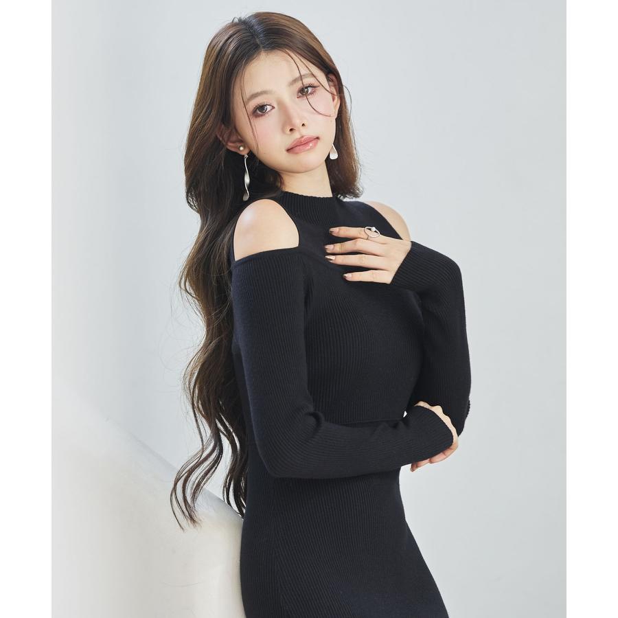 ワンピース レディース ニットワンピース 長袖 ミディ丈 マーメイドシルエット レースドッキング オープンショルダー 肩見せ ハイウエスト 裾レース |  | 12