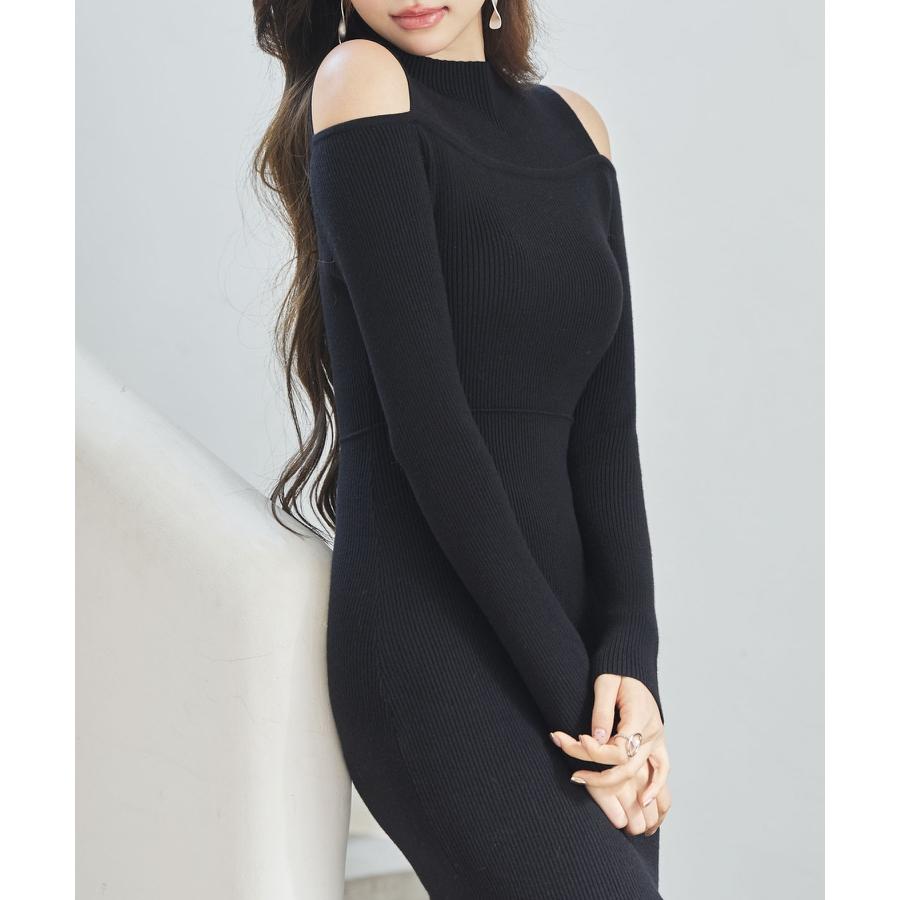 ワンピース レディース ニットワンピース 長袖 ミディ丈 マーメイドシルエット レースドッキング オープンショルダー 肩見せ ハイウエスト 裾レース |  | 13