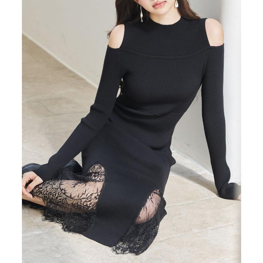 ワンピース レディース ニットワンピース 長袖 ミディ丈 マーメイドシルエット レースドッキング オープンショルダー 肩見せ ハイウエスト 裾レース |  | 14
