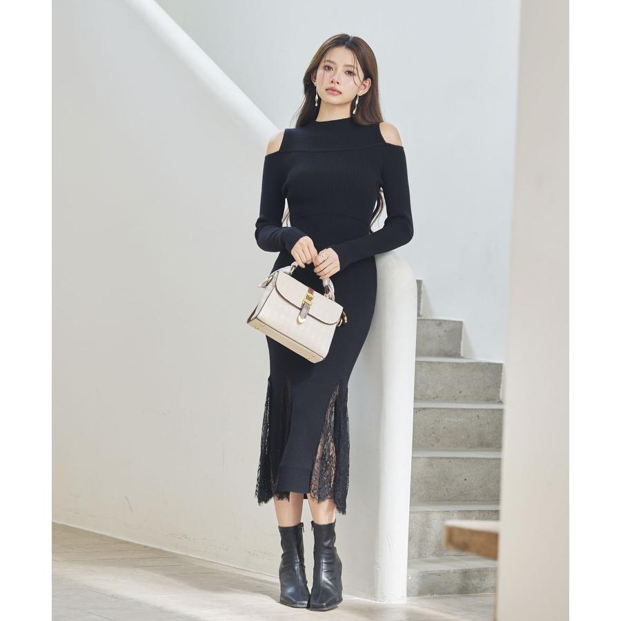ワンピース レディース ニットワンピース 長袖 ミディ丈 マーメイドシルエット レースドッキング オープンショルダー 肩見せ ハイウエスト 裾レース |  | 06