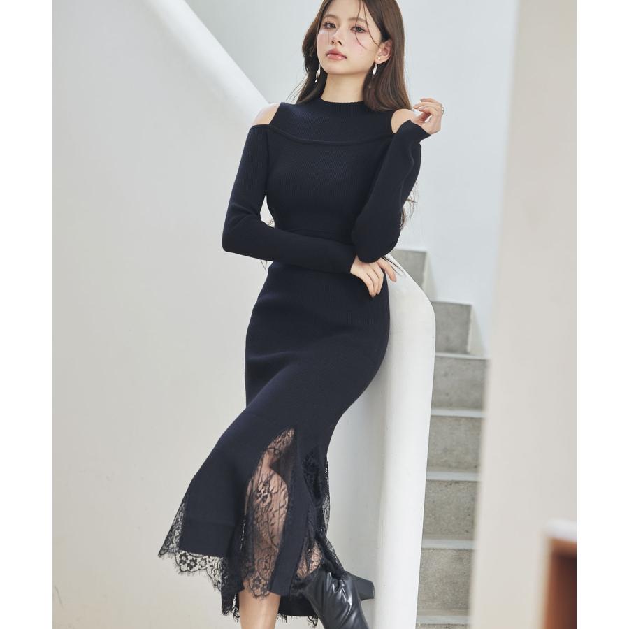 ワンピース レディース ニットワンピース 長袖 ミディ丈 マーメイドシルエット レースドッキング オープンショルダー 肩見せ ハイウエスト 裾レース |  | 08