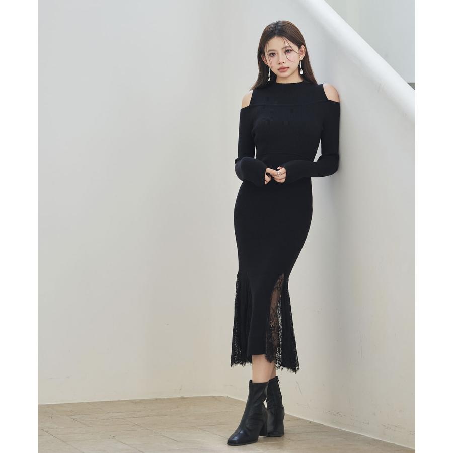 ワンピース レディース ニットワンピース 長袖 ミディ丈 マーメイドシルエット レースドッキング オープンショルダー 肩見せ ハイウエスト 裾レース |  | 09