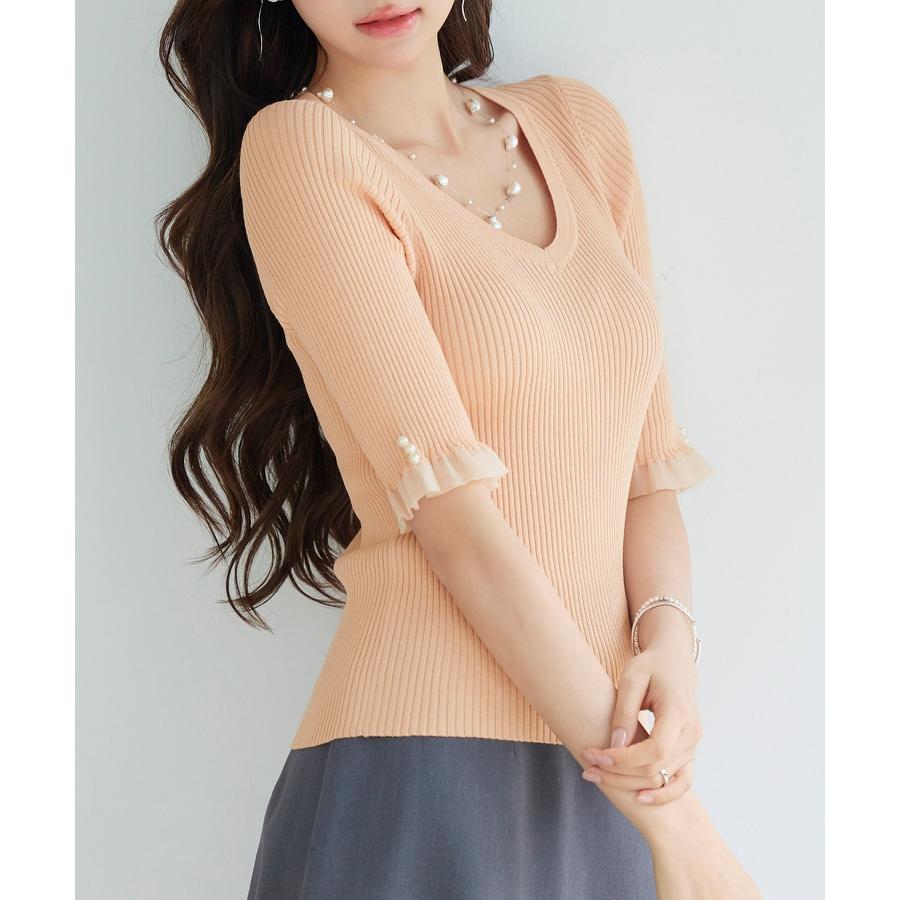 レディース ニット トップス プルオーバー ニットトップス ニットプルオーバー レディースニット ハイゲージ 五分袖 Vネック オフィスカジュアル き |  | 06